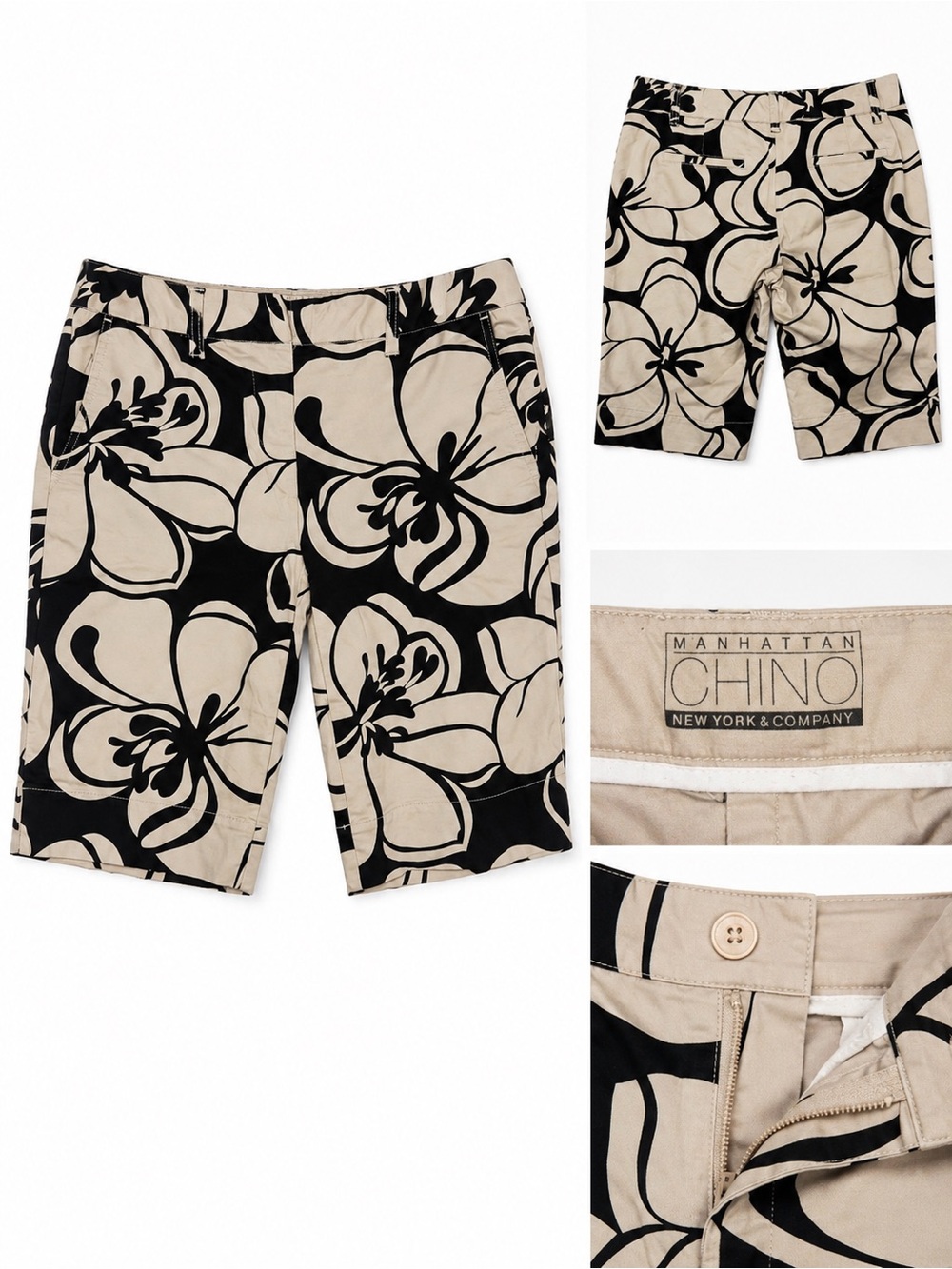 New York & Company Manhattan Chino Black & White Floral Bermuda Shorts | Size 4